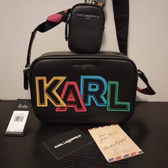 Karl‎ Lagerfeld Paris Maybelle Camera Crossbody Bag Purse Black Zip Rainbow - Picture 3 of 6